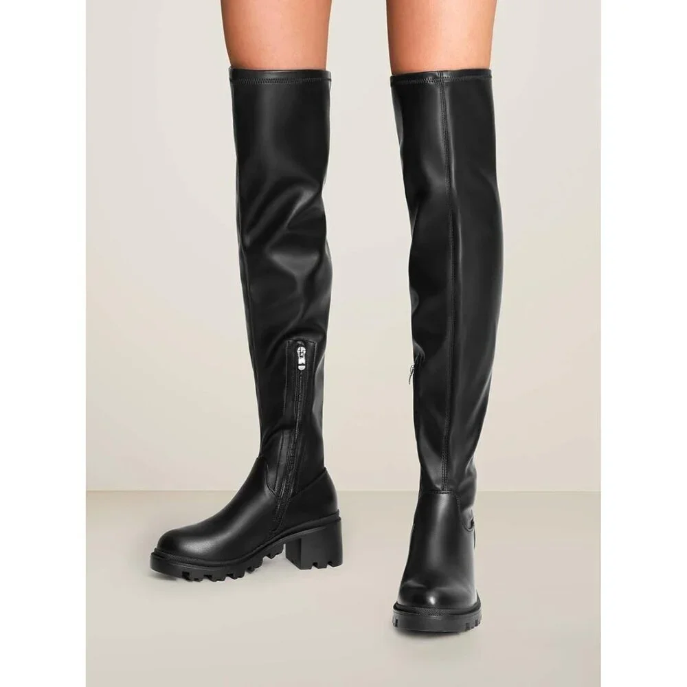 Women's Black-pu Faux Leather Knee High Over The Knee High Chunky Heel Boots - Picture 6 of 7